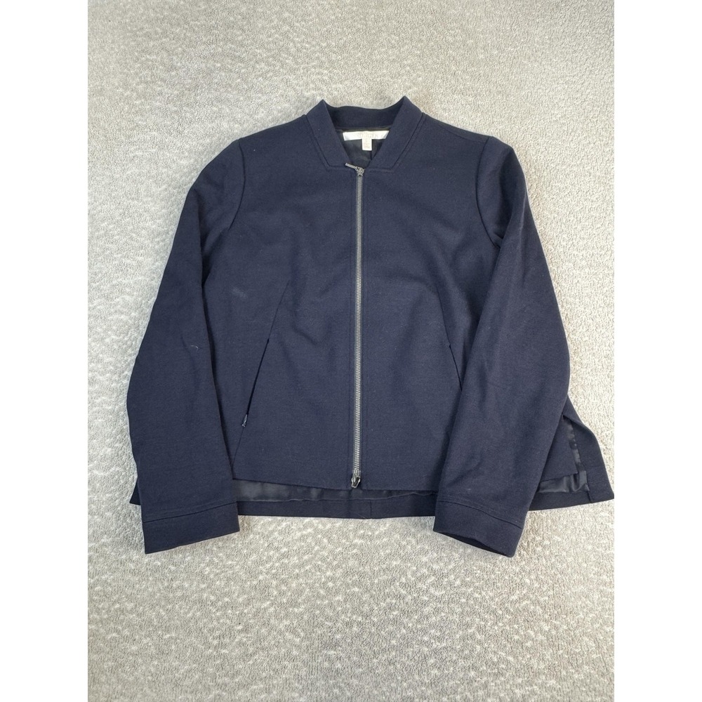 Nordstrom Collection Jacket Womens L‎ Navy Wool Blend Full Zip Lined Collarless